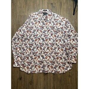 Paul Fredrick Men's White Paisley Long Sleeve Button-Up Shirt Pure Linen 2XL XXL